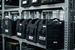 警用防暴盾、破拆工具存放在金屬貨架上，RFID標簽...